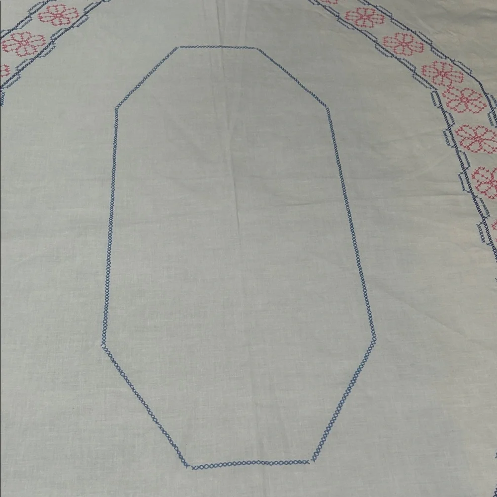 Embroidered Oval Tablecloth - White with Pink and Blue Accents - Picture 7 of 11